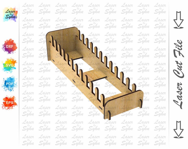 May include: A laser-cut wooden organizer with multiple slots and a rectangular base. The design includes a series of evenly spaced, curved dividers. The text "Laser Cut File" is visible on the right side of the image.
