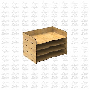 Op de afbeelding: Een houten bureaustoel met vier planken. De organizer is gemaakt van lichtbruin hout en heeft een natuurlijke afwerking.