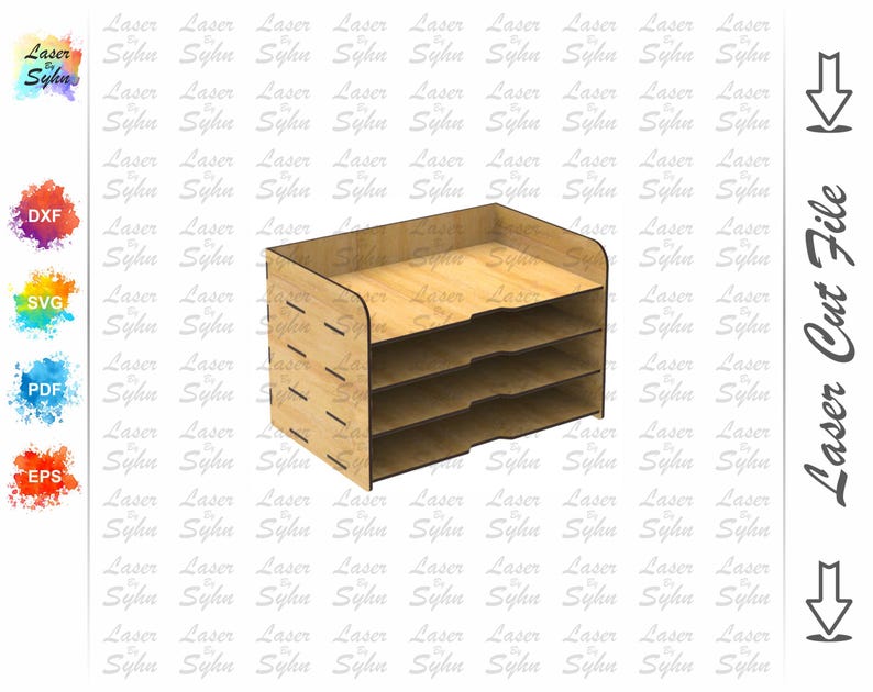Op de afbeelding: Een houten bureaustoel met vier planken. De organizer is gemaakt van lichtbruin hout en heeft een natuurlijke afwerking.
