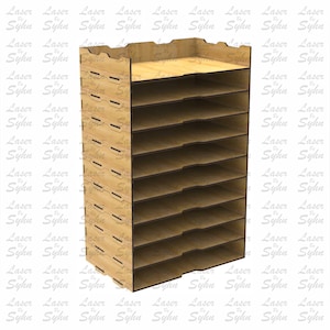 May include: A wooden file organizer with 10 shelves. The organizer is made of light brown wood and has a slightly rounded top edge.