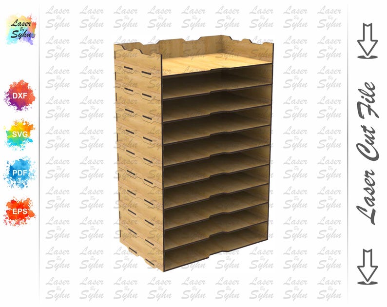 May include: A wooden file organizer with 10 shelves. The organizer is made of light brown wood and has a slightly rounded top edge.