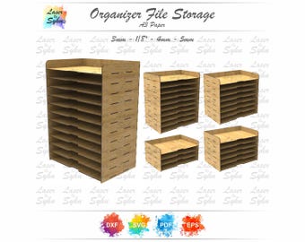 May include: A set of four wooden file organizers for A3 paper. The organizers are made of 3mm thick wood and have 10 compartments each. The organizers are shown in different sizes.