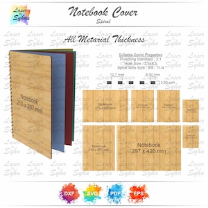 Cubierta de cuaderno espiral cortada con láser A3, A4, A5, A6 con paso de 2:1 SVG, cubierta de libro espiral, cubierta de bloc de notas Glowforge, archivo de corte Glowforge