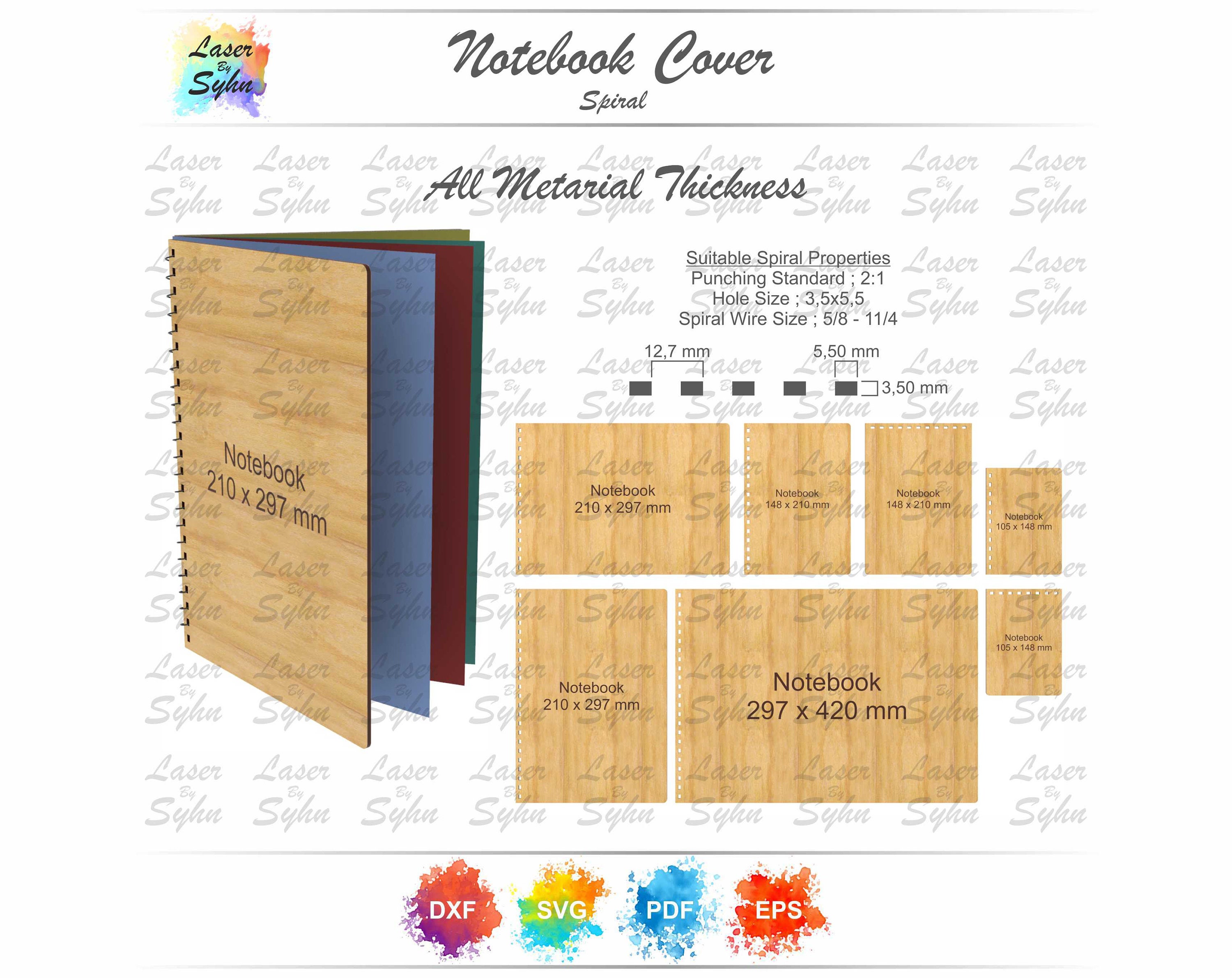 Laser Cut A3, A4, A5, A6 Spiral Notebook Cover 2:1 Pitch SVG, Spiral Book Cover, Glowforge Notepad Cover, Gloweforge Cut File