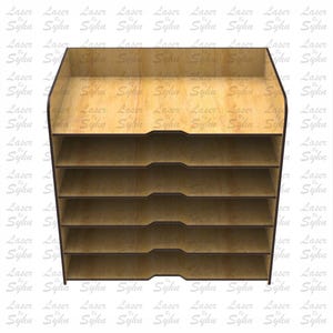 Op de afbeelding: Een houten ordner met vijf vakken. De ordner is gemaakt van lichtbruin hout met donkerbruine afwerking. De vakken zijn allemaal even groot en gelijkmatig verdeeld.