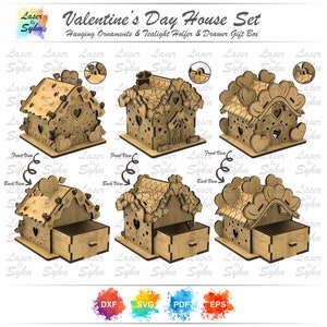 Laser geschnittene Valentinstag Häuser SVG (3 Haus Stile), Valentinstag Häuser Geschenkbox mit Schubladen, Valentinstag Häuser Baumschmuck