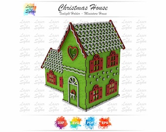 Christmas Tealight House Laser Cut File – Two Story Lace Roof House
