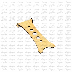May include: A laser cut wooden template for a wine bottle holder. The template is shaped like a wine bottle with a curved neck and a flat base. There are four holes in the template for holding wine bottles.
