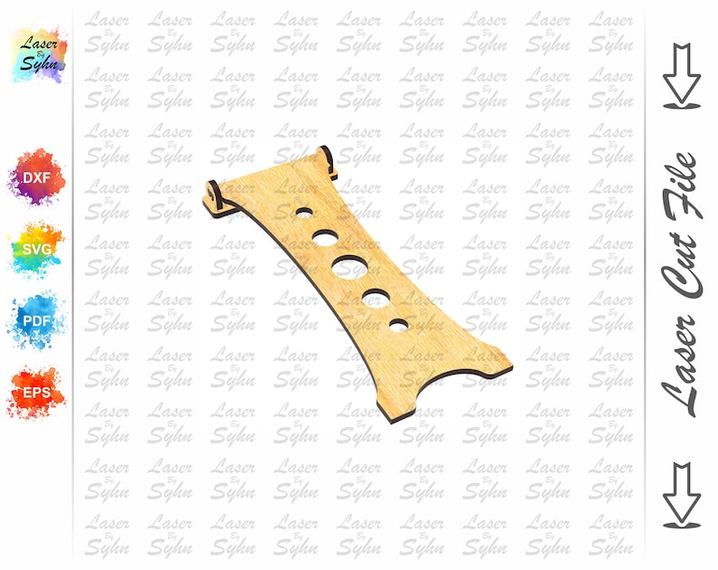 May include: A laser cut wooden template for a wine bottle holder. The template is shaped like a wine bottle with a curved neck and a flat base. There are four holes in the template for holding wine bottles.