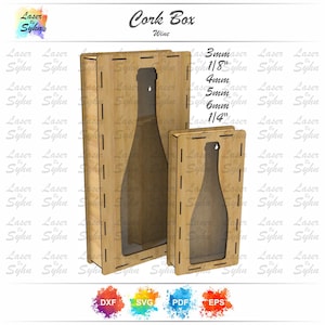 May include: A laser cut design for a wine bottle box. The design includes a cutout for a wine bottle and a lid. The design is available in DXF, SVG, PDF, and EPS formats. The text on the design reads "Cork Box Wine".