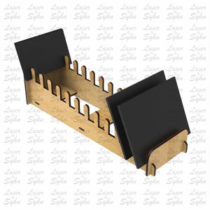 May include: A wooden laser-cut organizer with a natural finish, featuring slots for holding items and two black panels. The design includes the text "Laser Cut File" and the logo "Laser Sylue".