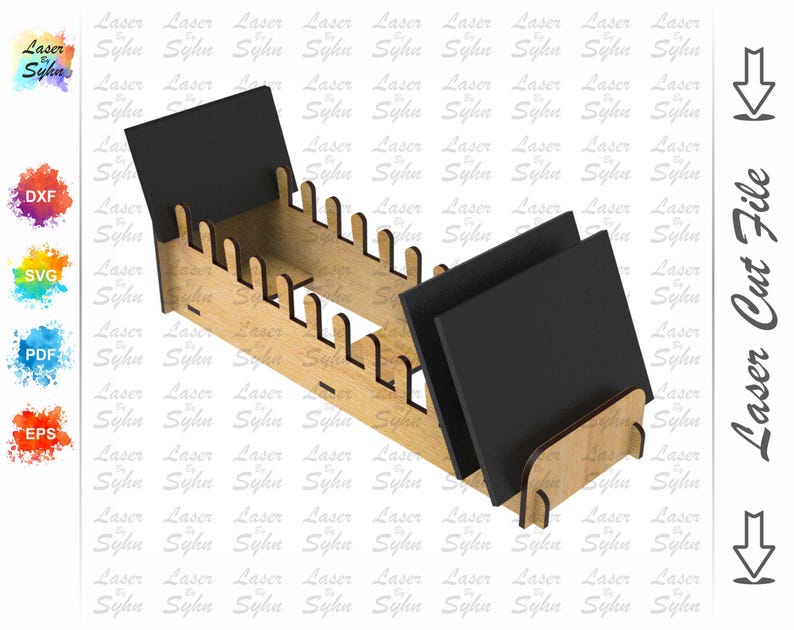 May include: A wooden laser-cut organizer with a natural finish, featuring slots for holding items and two black panels. The design includes the text "Laser Cut File" and the logo "Laser Sylue".