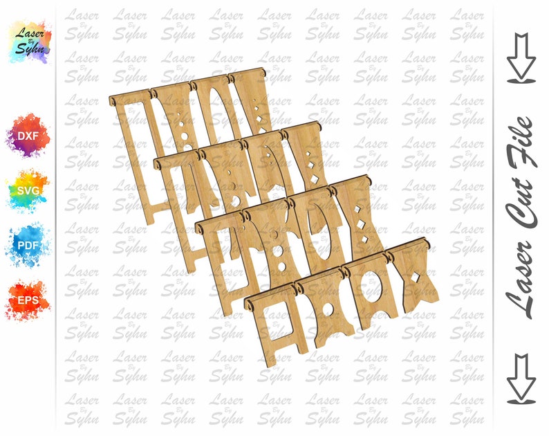 May include: A set of five wooden banners with a decorative design. The banners are cut out and ready to be assembled. The banners are perfect for a party or celebration.