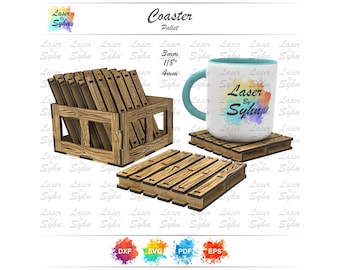 Könnte beinhalten: Ein Untersetzer-Set aus Holz mit Paletten-Design. Das Set enthält vier Untersetzer und einen Halter für die Untersetzer. Der Halter ist in Form einer kleinen Kiste. Die Untersetzer sind aus Holz und haben eine natürliche Oberfläche. Der Halter ist aus Holz und hat eine braune Oberfläche. Die Untersetzer sind 3 mm dick und 1/8 Zoll dick. Der Halter ist 4 mm dick. Die Untersetzer sind für die Verwendung mit einer Tasse oder einem Becher konzipiert. Die Tasse auf dem Bild ist weiß mit einem blauen Rand und zeigt ein Aquarell-Design mit dem Text "Laser By Syhn".