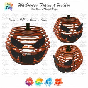 May include: A digital download of a Halloween tealight holder design. The design is of a pumpkin with a scary face. The design is available in DXF, SVG, PDF, and EPS formats. The text "3mm - 1/8" - 4mm - 5mm" is visible in the image.