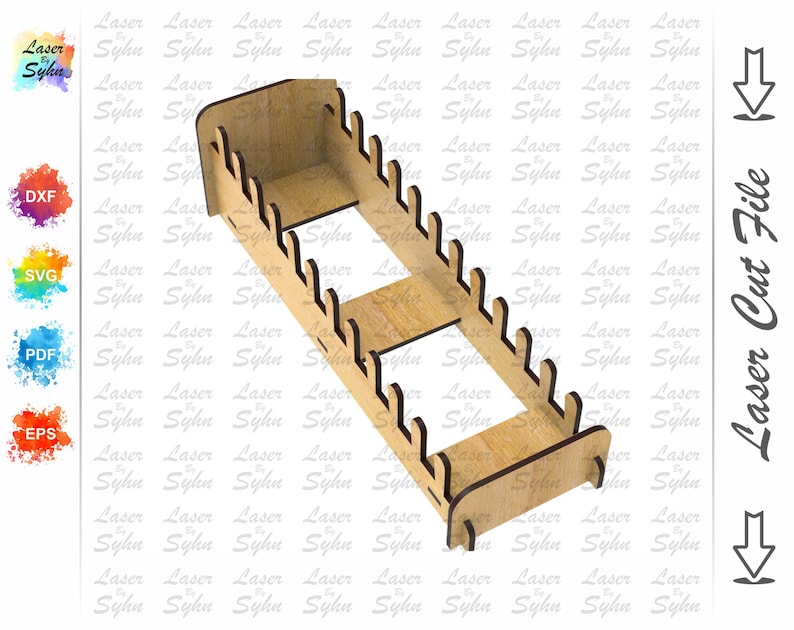 May include: A wooden laser-cut display shelf with multiple slots for holding items. The shelf is rectangular with a light brown finish. The design includes a series of evenly spaced, curved cutouts along the top edges. The text "Laser Cut File" is visible.