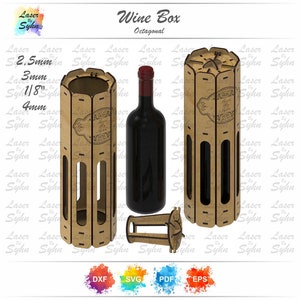 Caja para botella de vino cortada con láser SVG, plantilla de caja de vino de madera SVG, caja de regalo de vino SVG, archivo de corte láser de caja de vino de diseño especial, archivo de corte Gloweforge