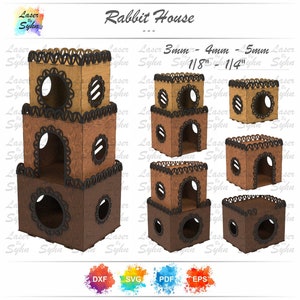 May include: A multi-level rabbit house made of wood with brown and tan paint. The house has multiple openings and is designed for small pets. The house is available in three sizes: 3mm, 4mm, and 5mm, which translates to 1/8", 1/4", and 1/4".