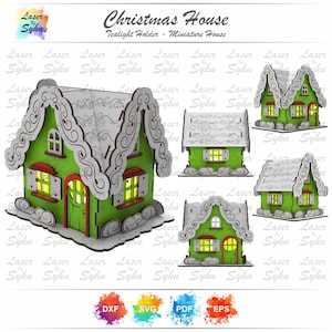 Casa di Natale in miniatura tagliata al laser SVG, decorazione natalizia in miniatura in legno per casa, file tagliato al laser, decorazione per la casa, piccola casa