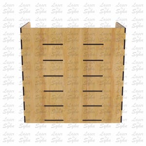Op de afbeelding: Een lasergesneden bestandsontwerp voor een houten doos met een eenvoudig ontwerp. De doos heeft een rechthoekige vorm met een platte bovenkant en een bodem met een lichte lip. De doos heeft een reeks horizontale lijnen aan de voor- en achterkant.