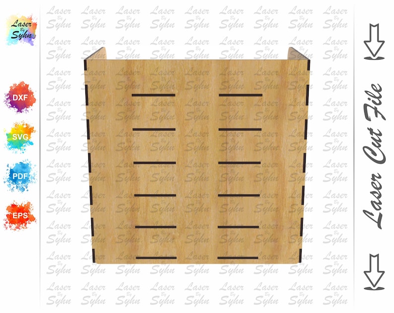 Op de afbeelding: Een lasergesneden bestandsontwerp voor een houten doos met een eenvoudig ontwerp. De doos heeft een rechthoekige vorm met een platte bovenkant en een bodem met een lichte lip. De doos heeft een reeks horizontale lijnen aan de voor- en achterkant.