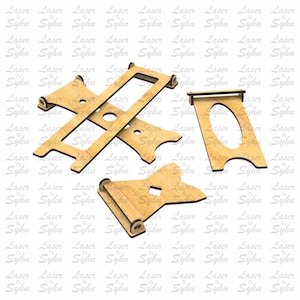 May include: Laser cut file design for a wooden picture frame stand. The design includes three pieces: a base, a back support, and a front support. The pieces are designed to be assembled together to create a stand for a picture frame.