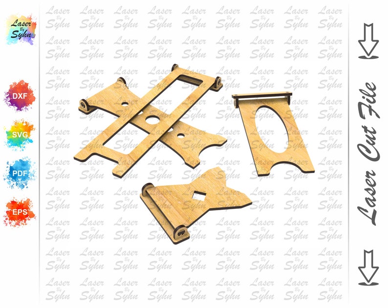 May include: Laser cut file design for a wooden picture frame stand. The design includes three pieces: a base, a back support, and a front support. The pieces are designed to be assembled together to create a stand for a picture frame.