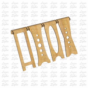 May include: A laser cut file design for a wooden stand with four different decorative panels. The panels feature various geometric shapes and designs. The file is available for download in multiple formats, including DXF, SVG, PDF, and EPS.