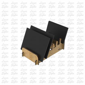 May include: A laser-cut wooden desk organizer with three black square inserts. The organizer has a natural wood finish and features the text "Laser Cut File". The design includes the text "Laser by Sylhn".