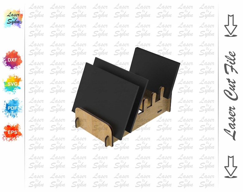 May include: A laser-cut wooden desk organizer with three black square inserts. The organizer has a natural wood finish and features the text "Laser Cut File". The design includes the text "Laser by Sylhn".