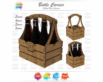 May include: Wooden bottle carrier with a handle, designed to hold six 330 ml bottles. The carrier has a brown wood finish and is made of laser-cut wood.