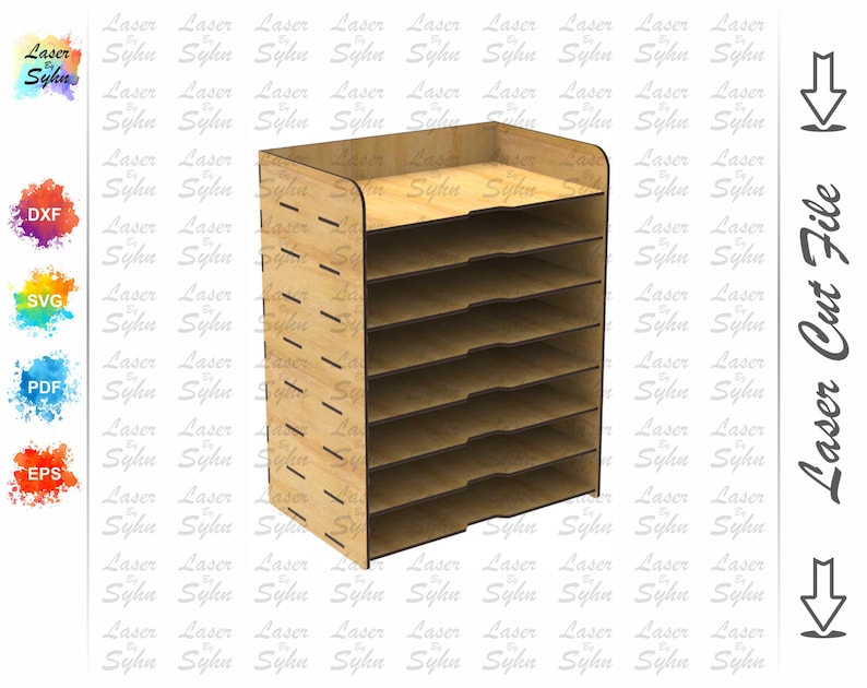 Op de afbeelding: Een houten ordner met acht vakken. De ordner is gemaakt van lichtbruin hout en heeft een eenvoudig, modern ontwerp.
