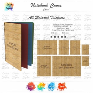 Cubierta de cuaderno espiral cortada con láser A3, A4, A5, A6 con paso 3:1 SVG, cubierta de libro espiral, cubierta de bloc de notas Glowforge, archivo de corte Glowforge