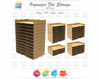 May include: A set of four wooden file organizers for A3 paper. The organizers are made of 3mm thick wood and have 10 shelves each. The organizers are shown in different sizes, with the largest organizer being 30.5 cm tall and the smallest organizer being 15.2 cm tall.