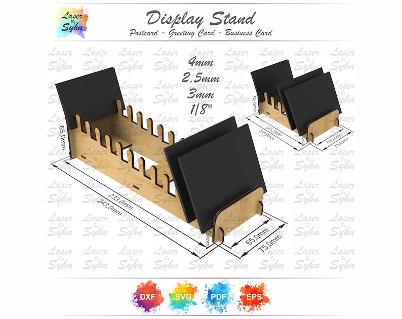 May include: A laser-cut wooden display stand for postcards, greeting cards, or business cards. The stand features a natural wood finish with black card inserts. Dimensions are provided in millimeters and inches.