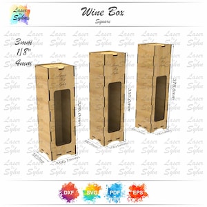 Caja de madera para botellas de vino cortada con láser, 3 tamaños de caja diferentes, diseño sencillo adecuado para producción en masa, archivo cortado con láser, archivo Gloweforge