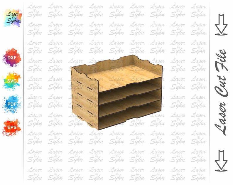 May include: A wooden desktop organizer with four shelves. The organizer is made of light brown wood and has a simple, modern design.