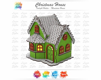 Christmas Tealight House Laser Cut File – Two Story Tiled Roof House