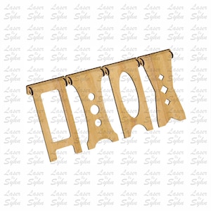 May include: A laser cut file design for a wooden banner with the word "DIY" in a decorative font. The banner is made up of five separate pieces, including two vertical supports and three horizontal banners.