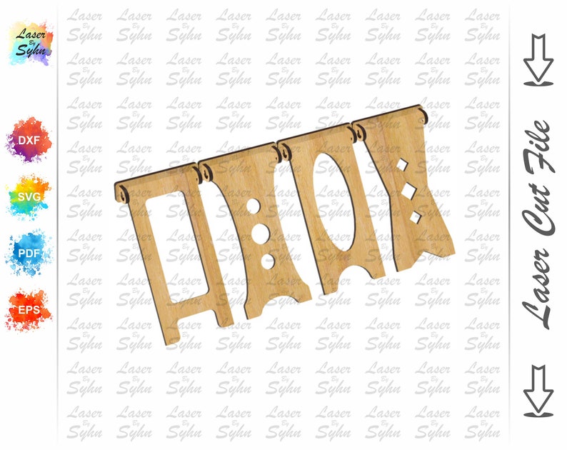 May include: A laser cut file design for a wooden banner with the word "DIY" in a decorative font. The banner is made up of five separate pieces, including two vertical supports and three horizontal banners.