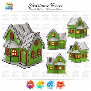 Casa navideña en miniatura cortada a láser, casa navideña sencilla de madera, archivo de corte láser para casa navideña, archivo SVG cortado a láser