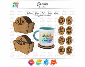 May include: A set of nine wooden coasters with a snowflake design. The coasters are 2.5mm, 3mm, 1/8", 4mm, and 5mm thick. The coasters are in a wooden holder. The coasters are laser cut and engraved. The coasters are available in DXF, SVG, PDF, and EPS formats.