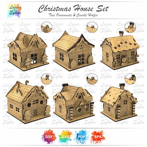 Decorazioni per l'albero di Natale a forma di casetta tagliate al laser in formato SVG (6 stili di casetta), decorazioni natalizie, regali di Natale, file Glowforge, taglio laser
