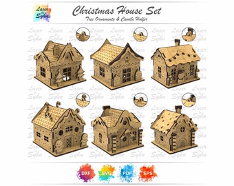 Laser Cut Christmas Houses Tree Ornaments SVG (6 Houses Styles), Home Decoration For Christmas, Christmas Gift, Glowforge Files, Laser Cut