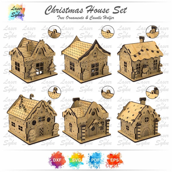 Lasergesneden kersthuizen boomornamenten SVG (6 huizenstijlen), kerstcadeau, Glowforge-bestanden, Cnc-projectbestand, lasersnijden bestand