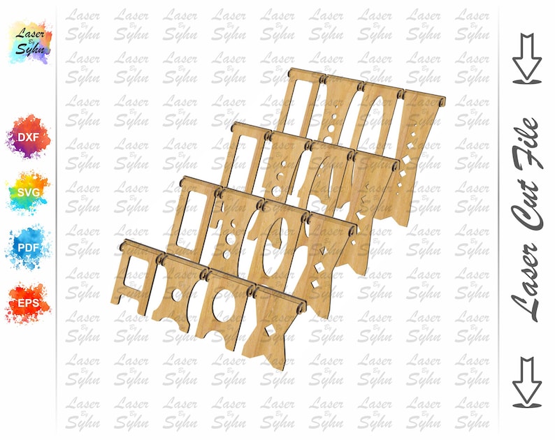 May include: A laser cut file for a wooden Happy Birthday banner. The banner is made up of five separate pieces, each with a different letter. The letters are all in a simple, blocky font.