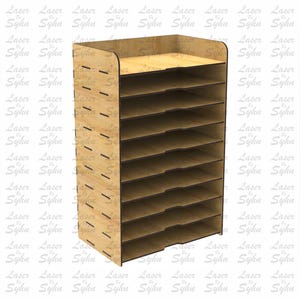 Op de afbeelding: Een houten ordner met 10 vakken. De ordner is gemaakt van lichtbruin hout en heeft een natuurlijke afwerking.