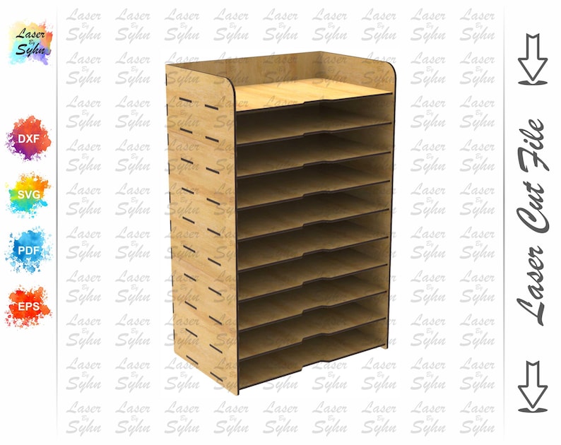 Op de afbeelding: Een houten ordner met 10 vakken. De ordner is gemaakt van lichtbruin hout en heeft een natuurlijke afwerking.