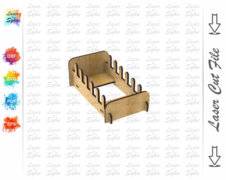 May include: A laser-cut wooden organizer with a rectangular base and multiple vertical slots. The design includes the text "Laser Cut File" and the name "Laser Syhn". The organizer is likely for storing small items.