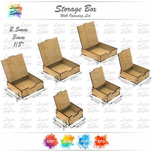 Puede incluir: Una plantilla de diseño digital para una caja de almacenamiento con tapa abatible. El diseño incluye cuatro tamaños diferentes de cajas, cada una con dimensiones etiquetadas en milímetros. La plantilla está disponible en formatos DXF, SVG, PDF y EPS.